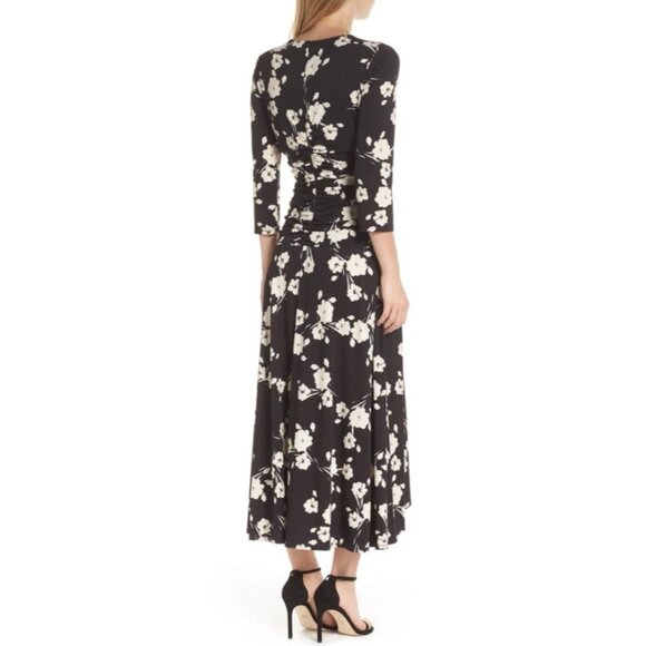 Maggy London Midi Dress 14 Black Pink Ivory Floral Ruched 3/4 Long Sleeve NEW - Picture 6 of 16